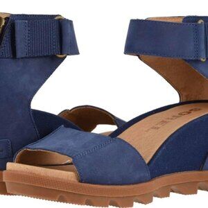Sorel Joanie II Blue Leather Ankle Strap Wedge Sandals Women's Size 9.5